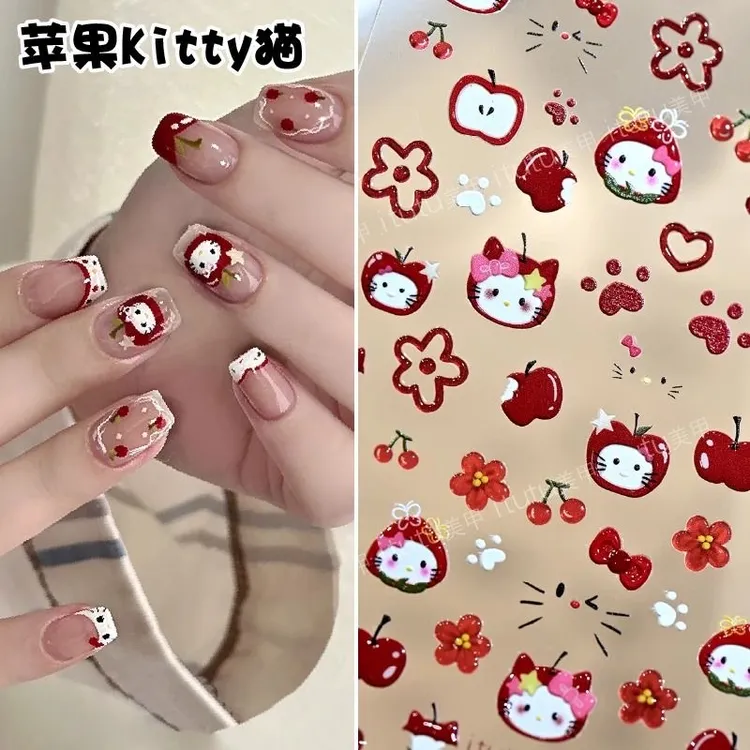 新款青苹果KT猫浮雕美甲贴纸红苹果凯蒂猫果冻指尖小图案美甲纸