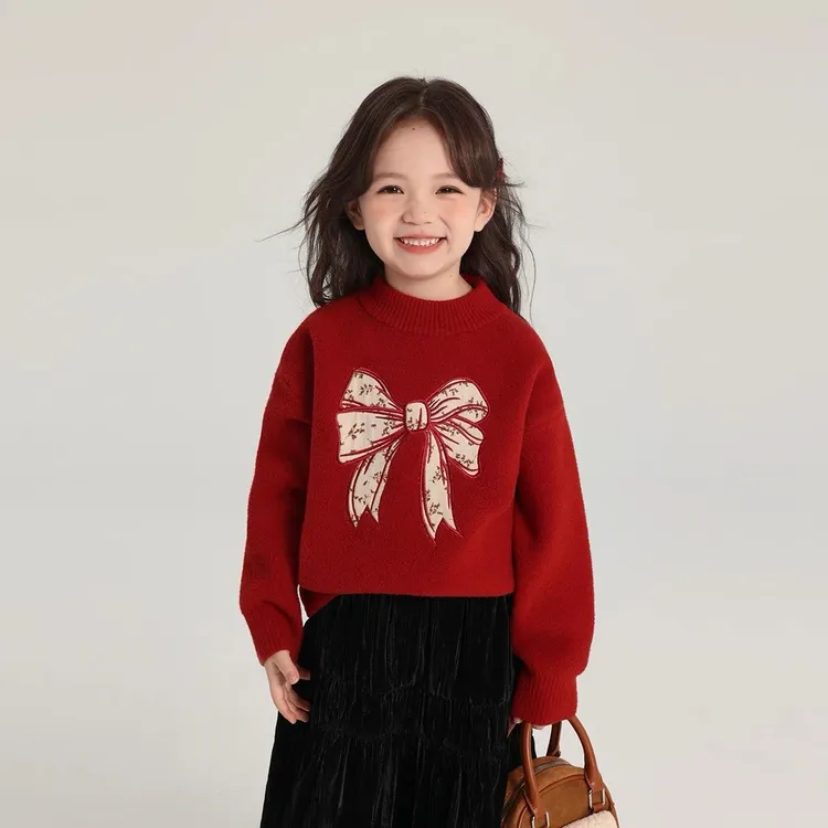 女童毛衣2025新款加厚秋冬款儿童新年红色洋气百搭女孩针织衫外穿