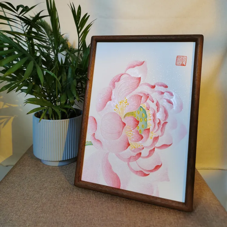 A4深色实木框粉嘟嘟工笔满画幅大荷花精品桌面陈设软装可摆可挂