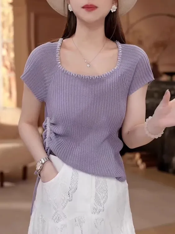 胖MM大码女装设计抽绳收腰显瘦上衣2025新款u领钉珠短袖针织T恤女