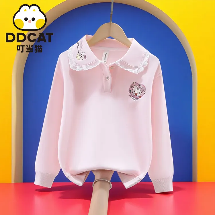 叮当猫女童卫衣秋季新款中大童外穿娃娃领洋气女孩绣花儿童打底衫