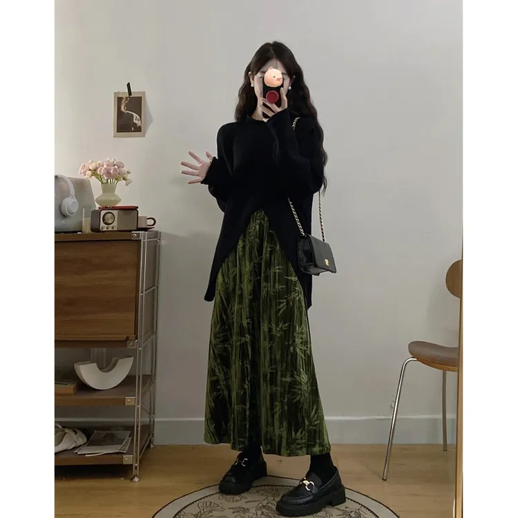 MO88ZSPF大码竹意浓秋冬不规则毛衣松紧腰暗纹提花竹子丝绒半身裙