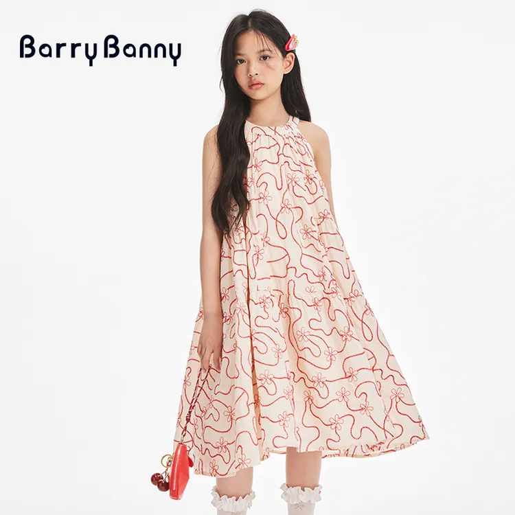 BarryBanny女童度假裙2025夏季新款女童设计感花卉印花无袖背心裙