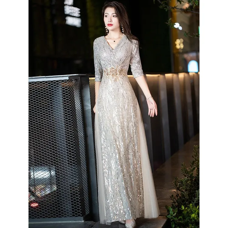 大码晚礼服女宴会气质显瘦加肥亮片长款主持年会礼服裙高贵轻奢