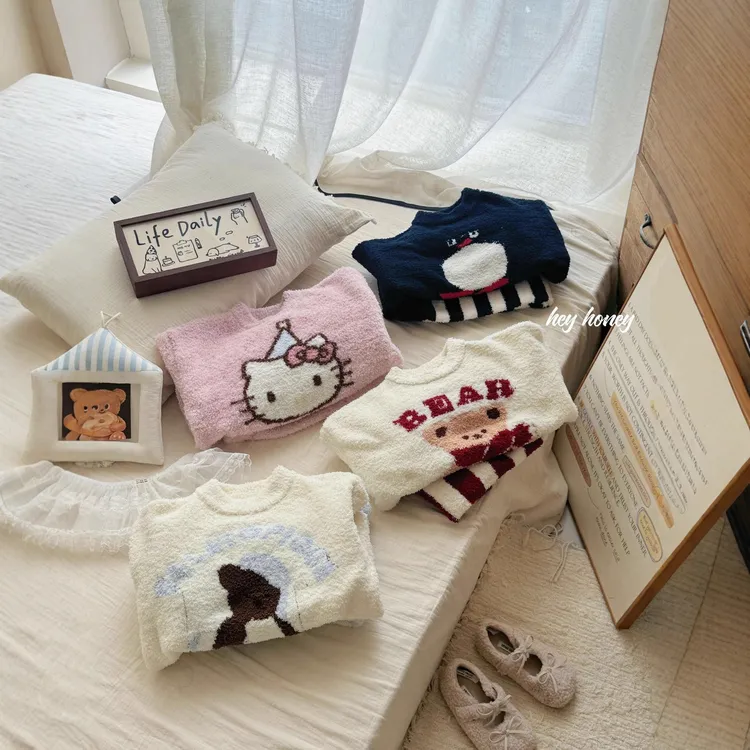 大小卷秋冬季新款半边绒可爱亲子装加厚保暖家居服套装-39559