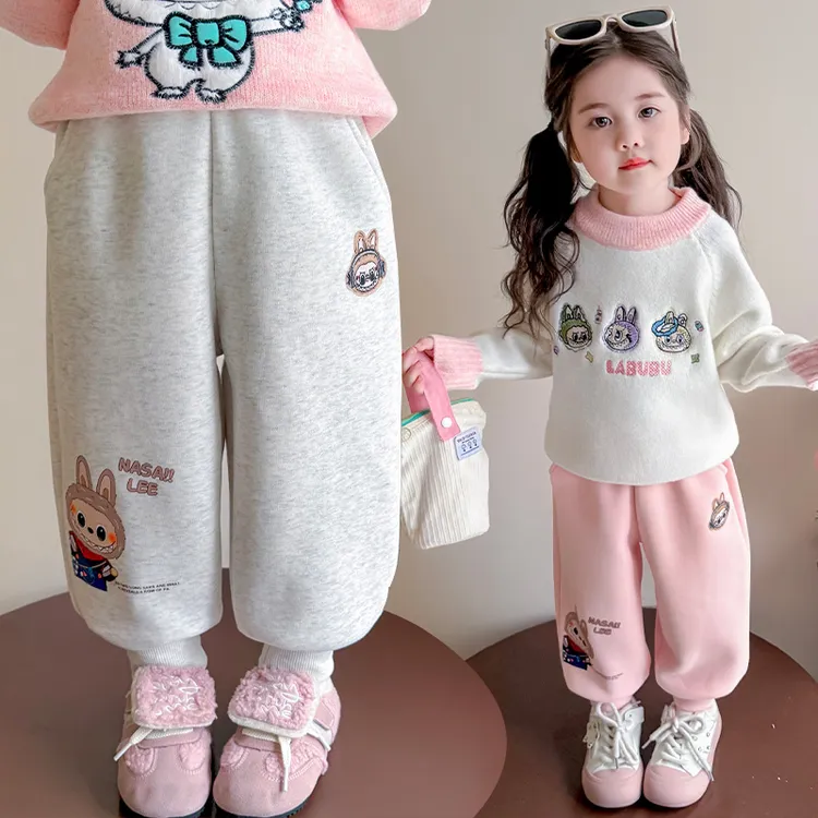 女宝宝卡通加绒卫裤洋气秋冬款小童加厚休闲裤子女童一体绒运动裤