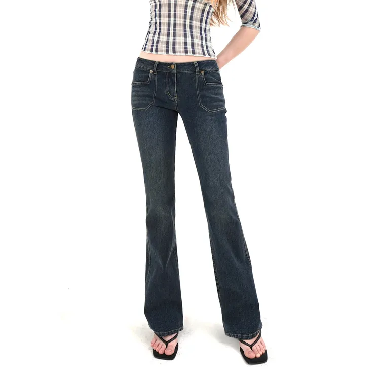 Jim Kennet低腰复古水洗做旧深蓝牛仔微喇长裤