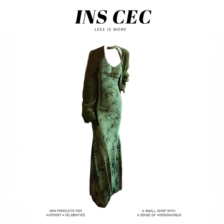 INS CEC早秋复古新中式碎花吊带连衣裙女外搭镂空针织开衫套装