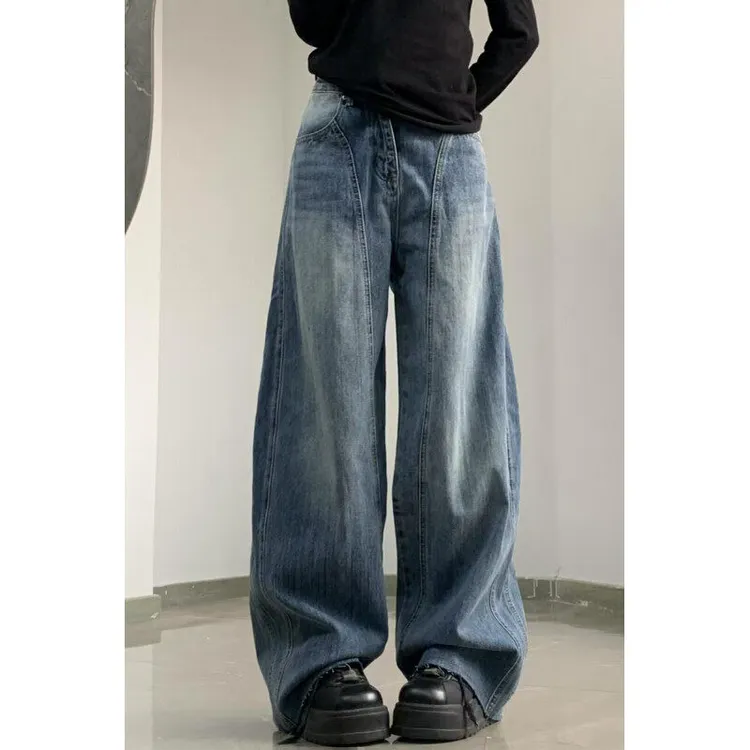 蓝色斜切阔腿牛仔裤男款春季美式复古裤子高腰提裆微喇弯刀工装裤