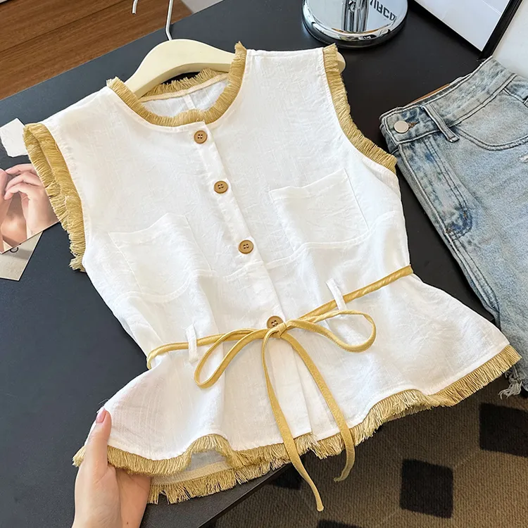 新款法式时尚气质圆领流苏无袖衬衫修身显瘦简约百搭减龄上衣