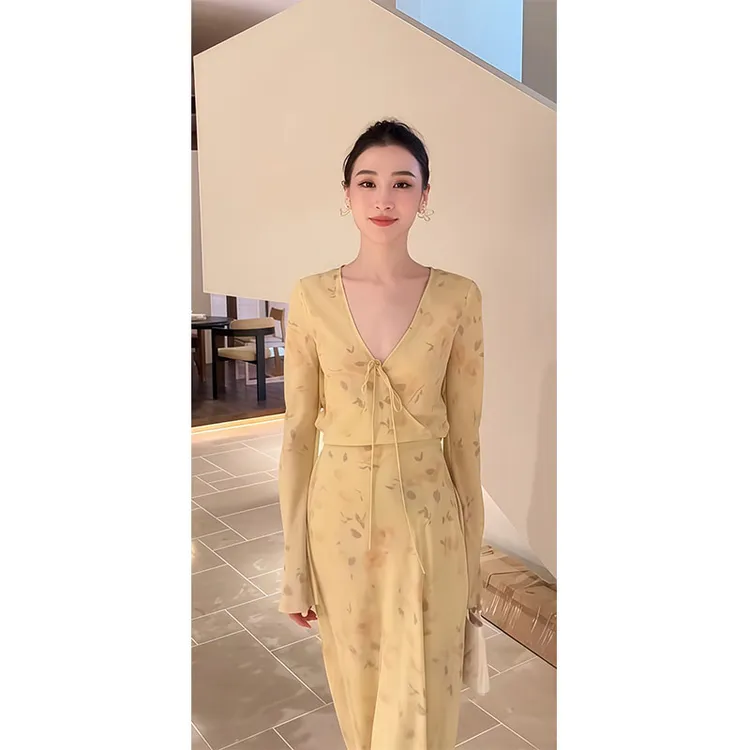 2025夏季气质时尚小众设计款显瘦修身法式高级感V领印花连衣裙女 