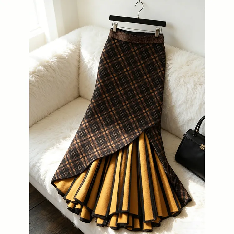 洋气时尚复古百搭毛呢格纹半身裙2026秋冬新款设计感小众长款裙子