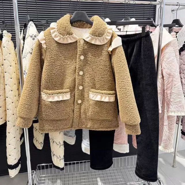 三层夹棉睡衣2025冬季新品甜美花边拼接家居服加厚保暖可外穿套装