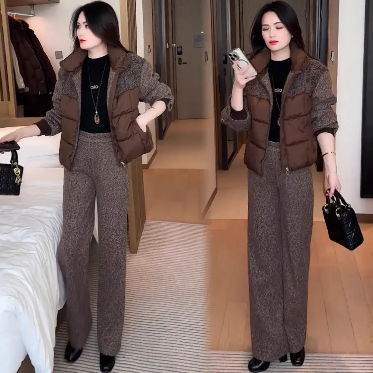 时尚套装女2025冬季新款洋气显瘦保暖棉服外套阔腿裤休闲两件套