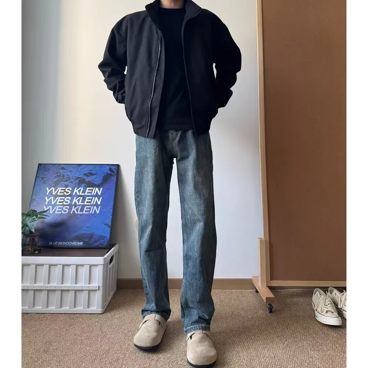 美式秋冬做旧牛仔裤Cleanfit宽松竹节纹路弹力直筒裤