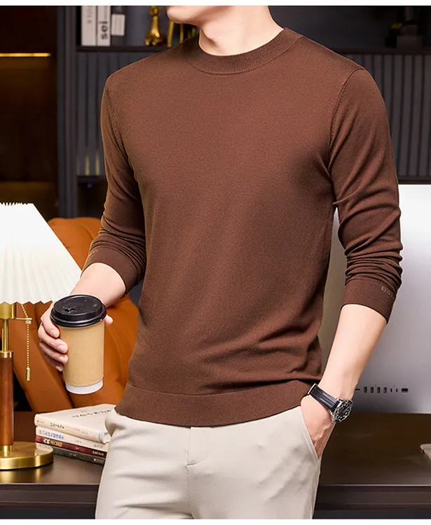 尼亚蒙口男士长袖羊毛针织衫中年男士休闲毛衣圆领打底衫毛衣韩版