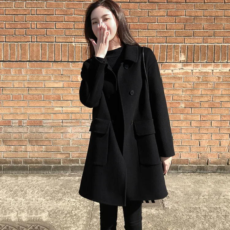 中长款毛呢外套黑色夹棉加厚显瘦毛呢大衣韩版秋冬季