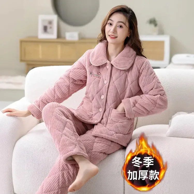 冬季珊瑚绒2025新款中年舒适睡衣加厚宽松三层夹棉保暖家居服套装