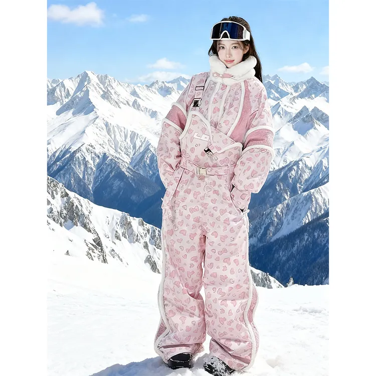卡盛粉色豹纹滑雪服套装女款2025冬季新款防风防水保暖单双板雪衣