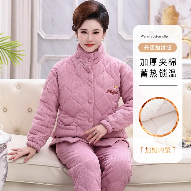 纯棉睡衣女士秋冬款加厚加绒三层夹棉袄中年妈妈保暖可外穿家居服