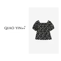 QIAO YIN"小衫“碎花气质时尚夏季复古法式一字肩泡泡袖QY27650