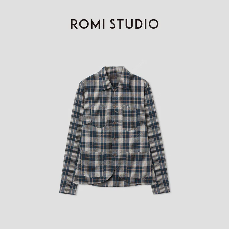ROMI STUDIO“美式复古”亚麻混纺色织做旧洗水格纹外套 RWCASY4598