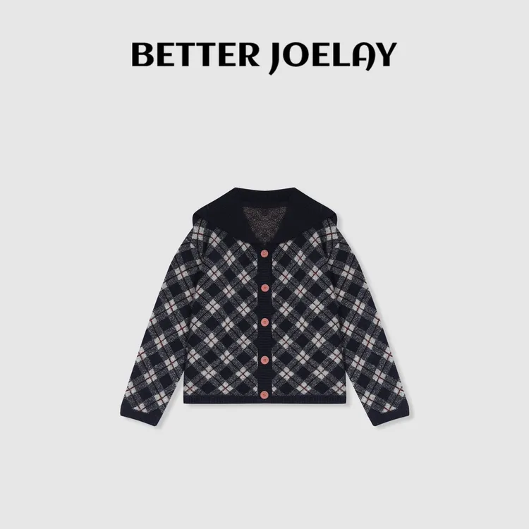 BETTER JOELAY-【粉扣格纹】羊毛开衫针织衫圆领温柔韩版LL6228