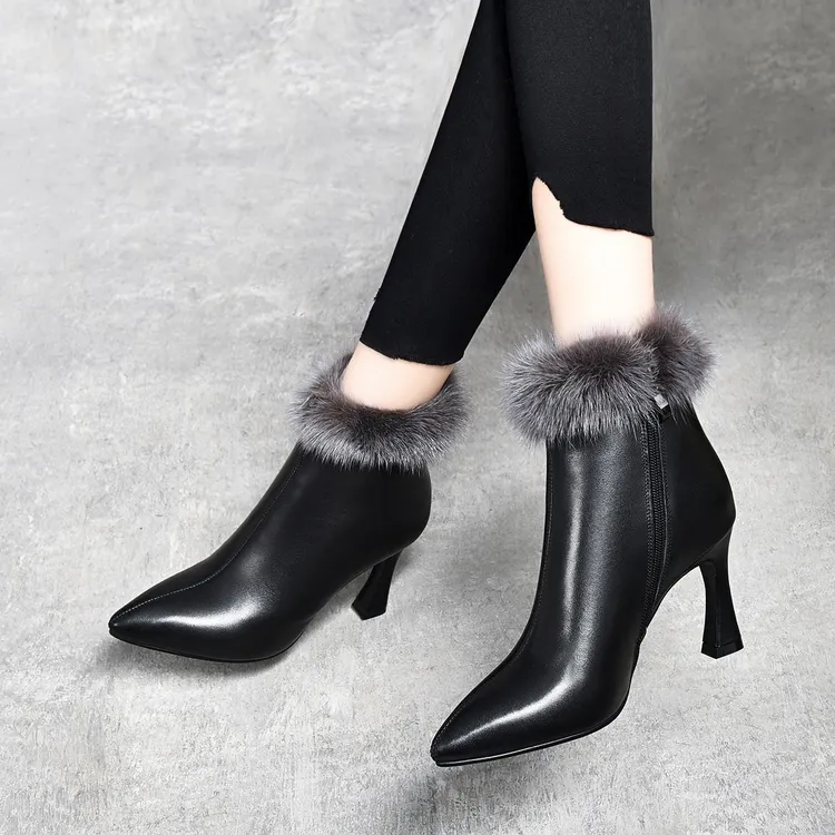 真皮女靴女短靴尖头裸靴细跟高跟单靴3-5公分加绒水貂毛瘦瘦皮靴