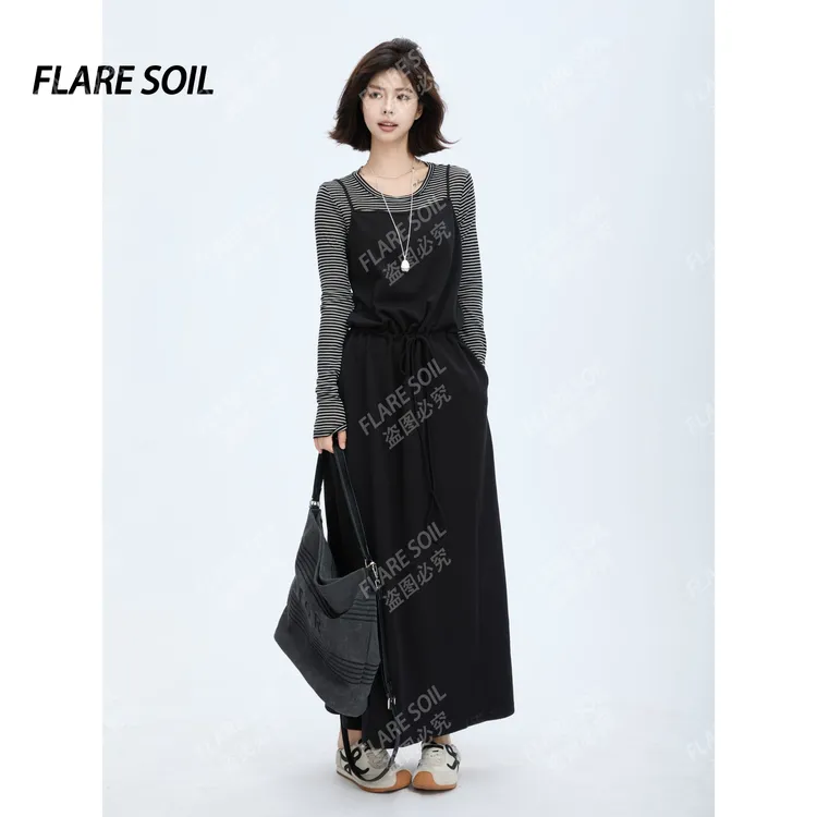 【FLARE SOIL】（现货） 条纹打底吊带连衣裙真两件套装 T4469AB