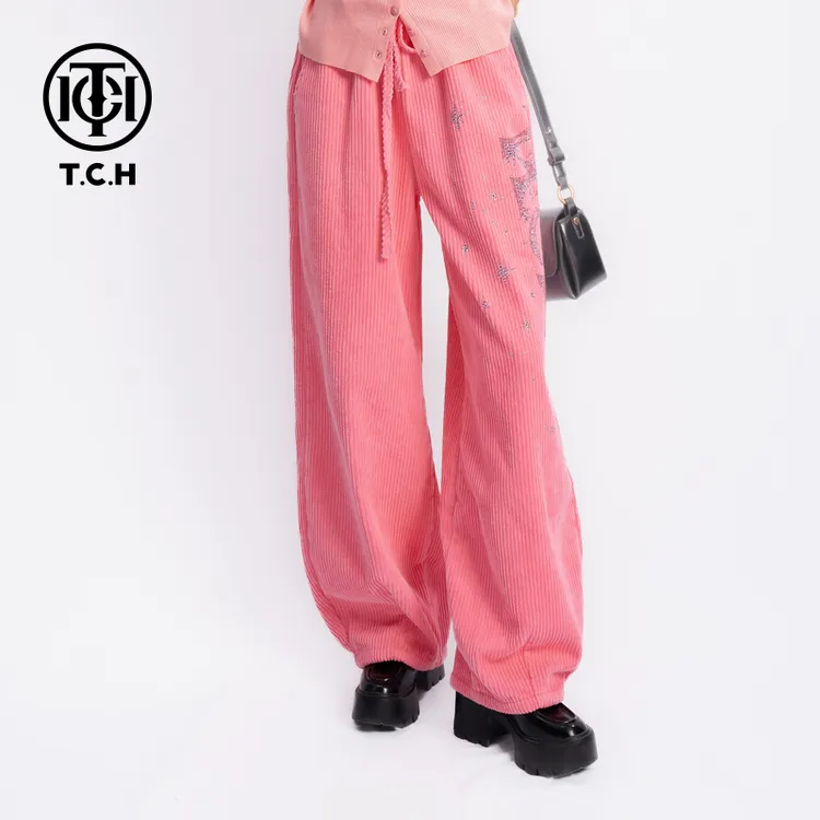 TCH【时尚百搭】私服冬款烫钻淑女粉色休闲裤T75D20E1028轻奢tch