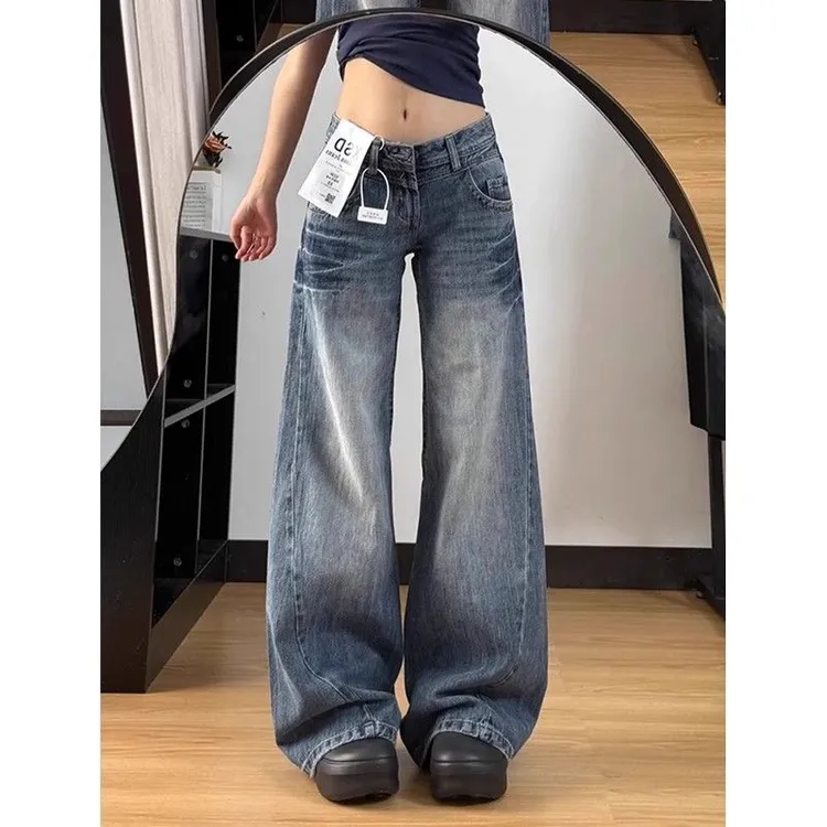 美式复古水洗弯刀牛仔裤女夏季新款低腰宽松阔腿显瘦直筒微喇裤子