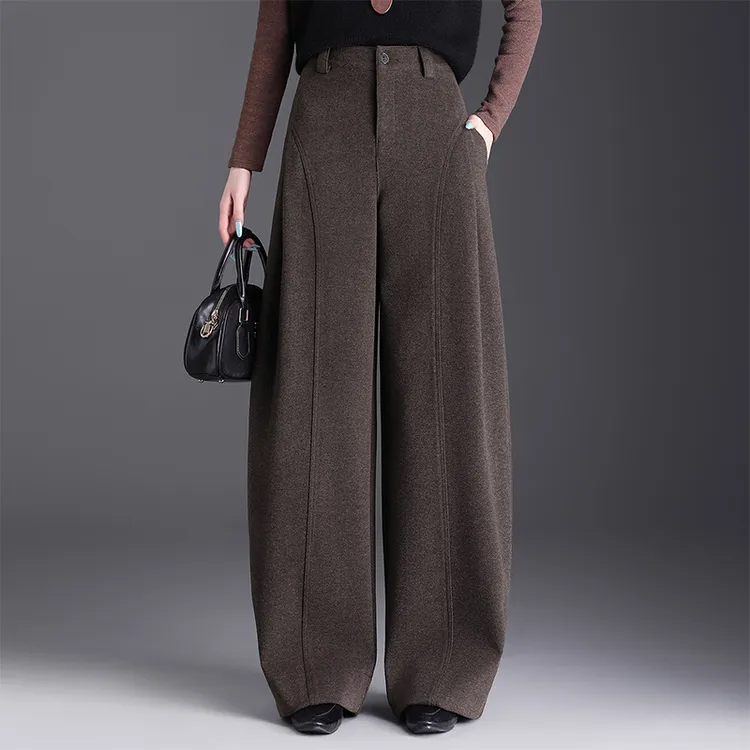 加绒加厚毛呢贝斯裤梨形身材宽松阔腿裤女裤子秋冬高级感爆款长裤