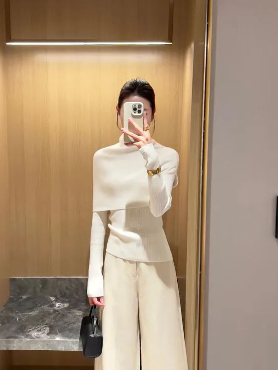 2025秋季新款韩系披肩毛衣两件套高领斗篷叠穿打底衫百搭休闲裤