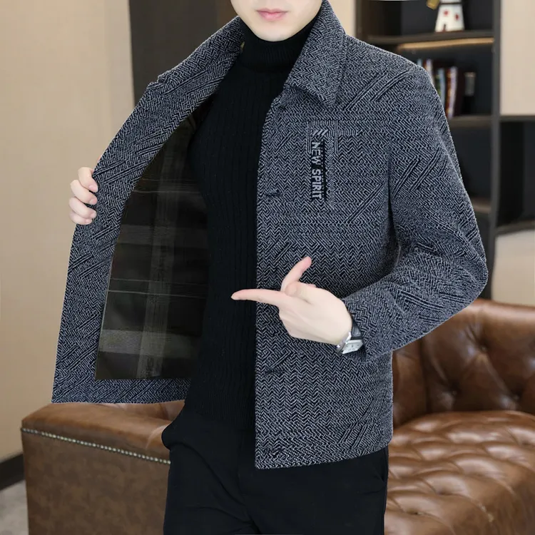 男士新款高档夹克翻领上衣休闲百搭毛呢外套修身呢子大衣