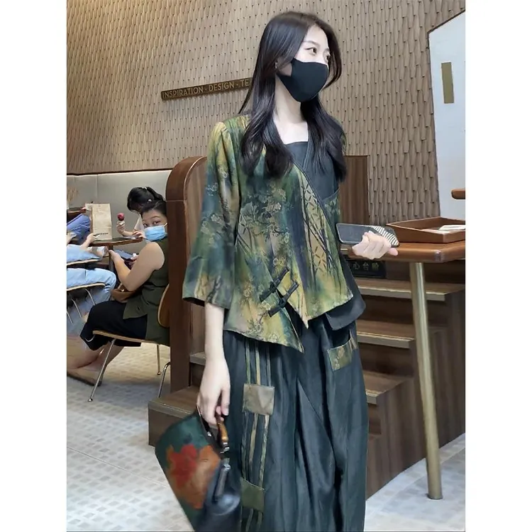 法芬图真丝香云纱连衣裙2025新款水墨印花桑蚕丝上衣半身裙两件套