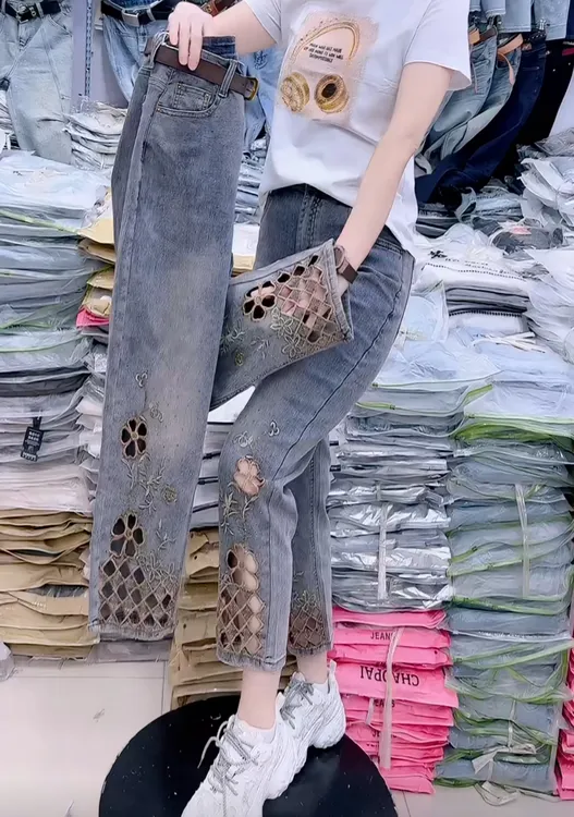 新款星芒镂空纂牛仔裤高腰超弹烟管裤（裤长88公分左右）无腰带