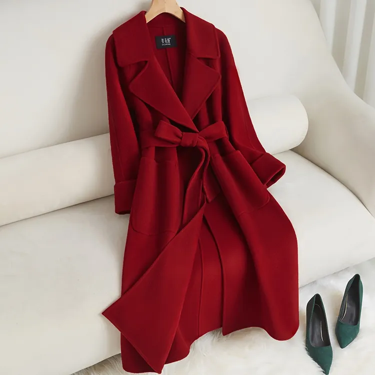 红色双面羊绒大衣女中长款秋冬季修身减龄气质高级感羊毛呢外套