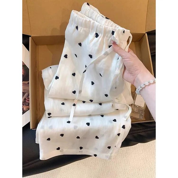 韩版爱心刺绣亚麻直筒裤女夏季薄款松紧腰阔腿裤休闲老钱风长裤子