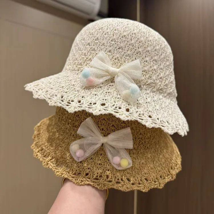 【春日小甜豆】儿童韩系春夏蝴蝶结遮阳草帽女宝出游甜美透气防晒帽