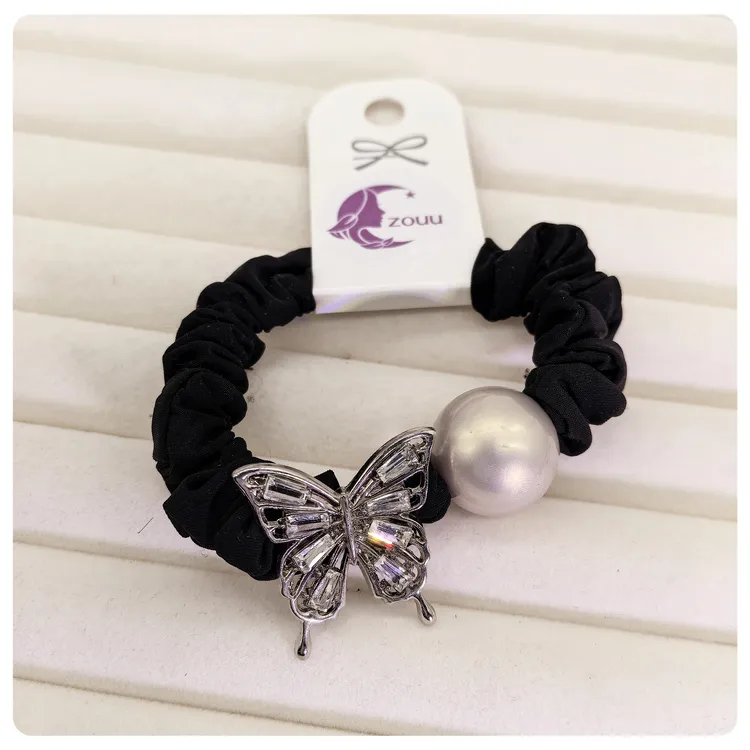 水钻蝴蝶发圈高弹力时尚珍珠发绳高马尾头绳东大门气质高级小肠圈