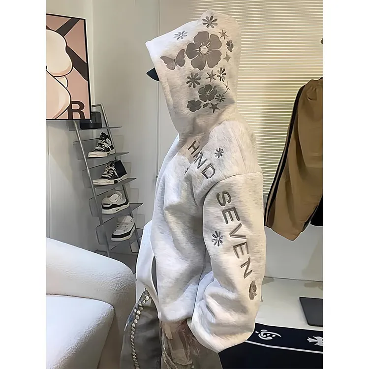 伶落旧人 美式花卉刺绣连帽卫衣女秋冬季加绒加厚宽松情侣装外套
