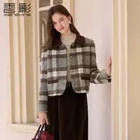 F85W005短外套 香影毛呢复古格子外套女冬季新款含羊毛翻领小香