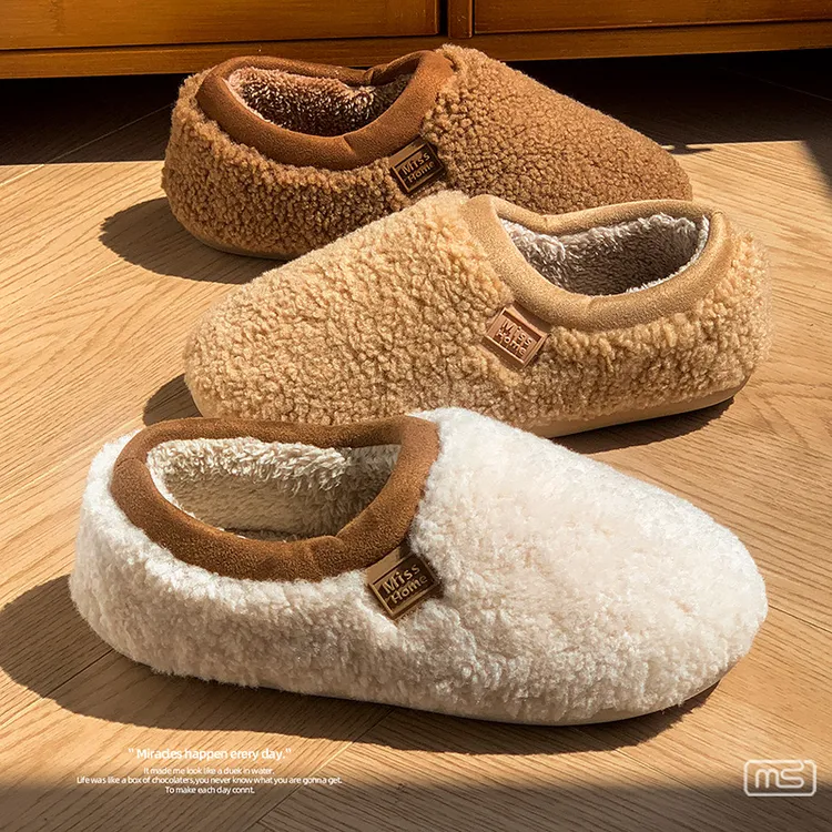 居家轻便舒适明盛秋冬季户外复古时尚加绒毛茸茸甜美温柔棉鞋女款