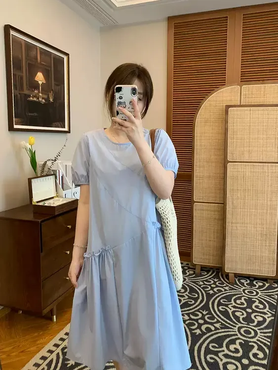 茶歇风连衣裙女夏季2025新款法式泡泡袖大码宽松显瘦中长款小黑裙