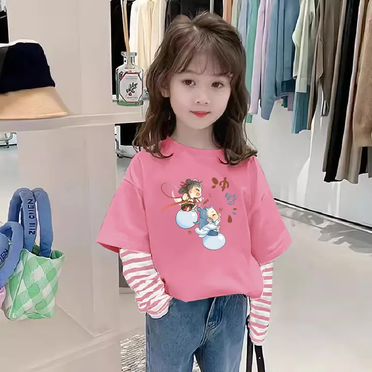 女童长袖t恤春秋款2025新款春季宝宝儿童装假两件上衣春季打底衫T