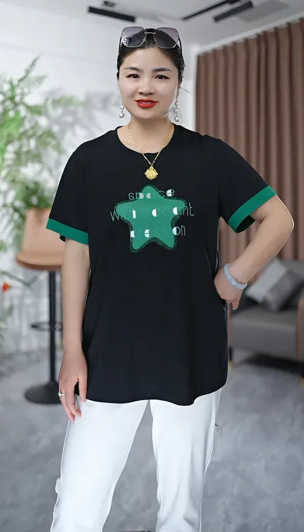 2509#休闲特大码T恤圆领烫钻印花拼接袖汗衫