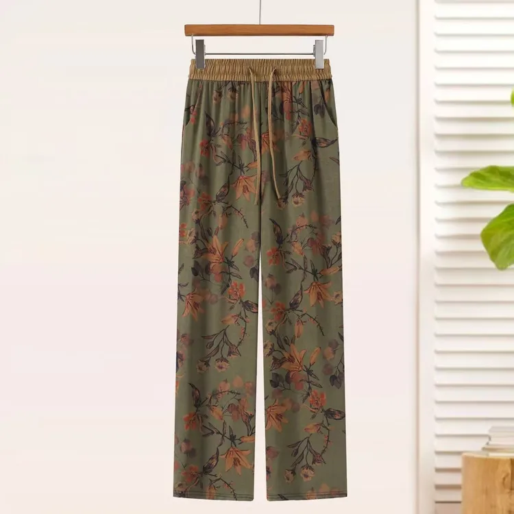 薄款夏季印花直筒裤高腰休闲裤夏装九分裤中老年碎花裤妈妈阔腿裤