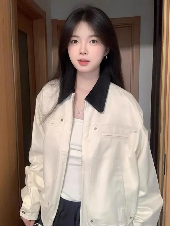 美式复古拼色翻领外套女秋季2025新款休闲宽松男女棒球服夹克上衣