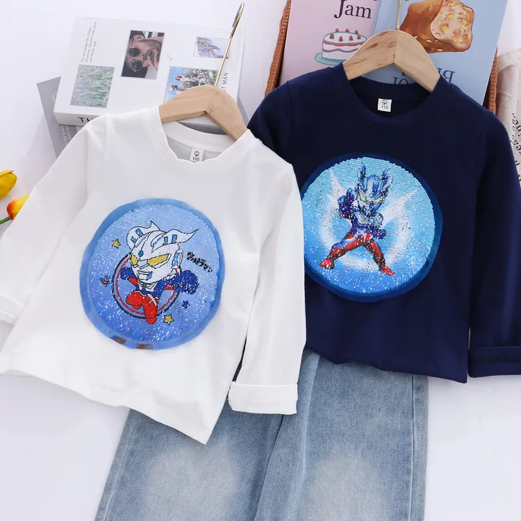 男童长袖T恤男孩翻转变色衣服男童装秋季上衣韩版潮外套秋衣代发