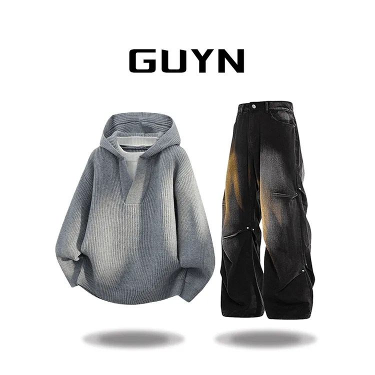 【品牌正品现货】GUYN秋冬连帽针织衫假两件毛衣男百搭休闲针织毛衣